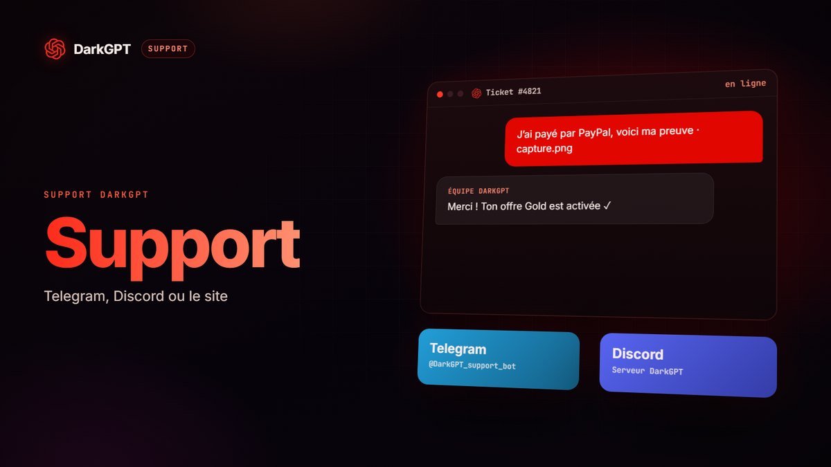 Support DarkGPT : ouvrir un ticket sur le site, Telegram ou Discord